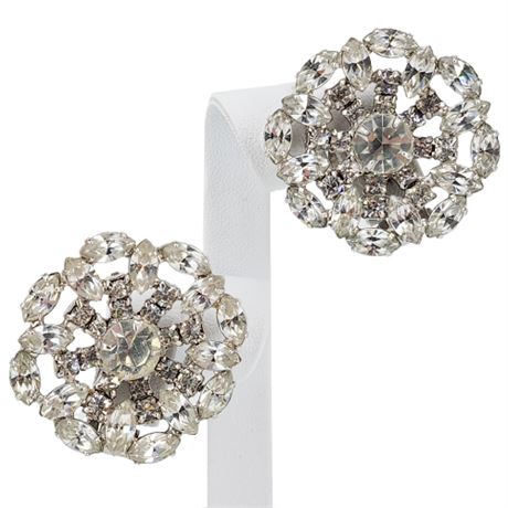 Vintage Large Prong Set Clear Rhinestone Circle Clip Earrings