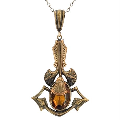 Vintage Art Nouveau  Style Amber Crystal Pendant Necklace