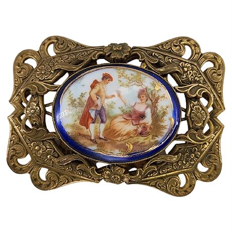 Victorian Brass & Painted Porcelain Belt Buckle