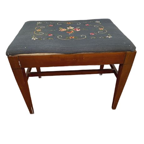 Vintage Mahogany Vanity Bench w Cross-stitched Top