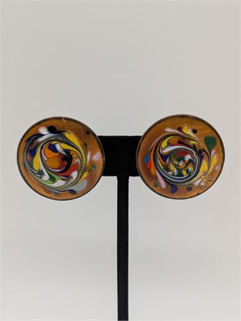 Vintage Mid Century Modern Copper Enamel Round Multicolor Clip Earrings Artisan