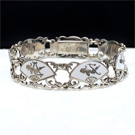 Vintage Siam Niello White Enamel Thai Goddess Sterling Silver Fan Panel Bracelet