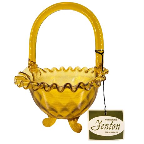 Vintage Fenton Amber Art Glass Ruffled Edge Basket with Original Tag
