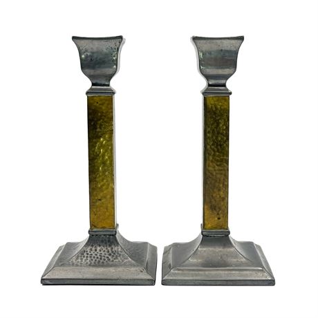 Pair of Empire-Style Brass and Silver-Plated Candlesticks