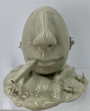 Unique Artist Signed Danche Partial Human Face Pottery Sculpture