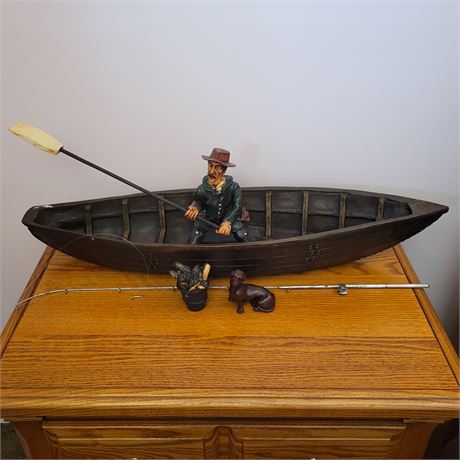 Vintage Fisherman Fishing Boat / Fishing Rod, Fish, Dog Figures