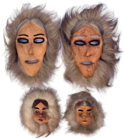4 pc Alaskan Caribou Fur & Hide Eskimo Face Wall Art Sculptures