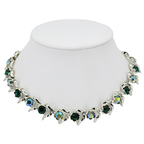 Vtg BSK Emerald Green & Aurora Borealis Rhinestone Necklace