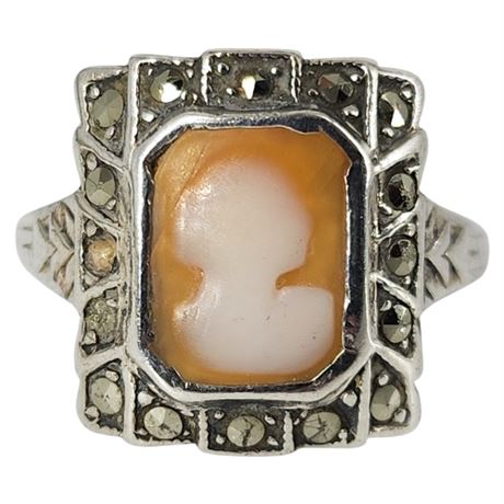 Vintage UNCAS Sterling Silver Marcasite Cameo Ring, Sz 6.5