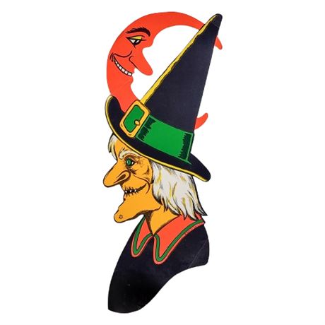 Vintage BEISTLE Halloween 23" Paper Witch & Crescent Moon Decor