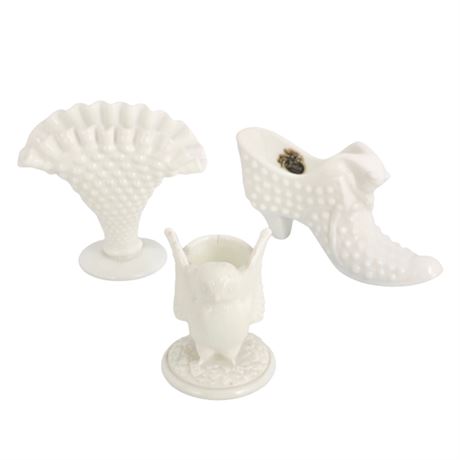 Lot of Hobnail Milk Glass Items, Fenton Shoe