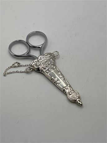 Sterling silver Antique small 4 1/2 inch scissor holder with chain