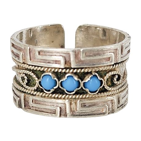 Vintage Asian 1000 Silver Turquoise Ring, Sz 7
