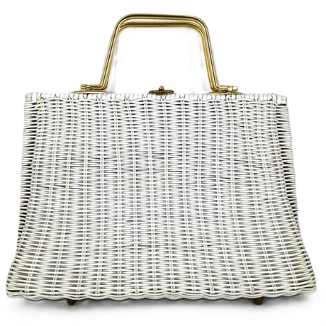 Vintage White Wicker Handbag with Gold Tone Handles and Protective Feet