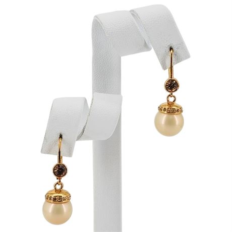 Vintage Gold Tone Faux Pearl & Rhinestone Drop Earrings