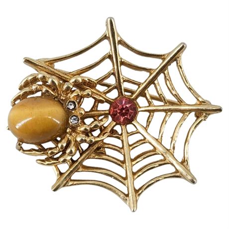 Vintage CORO Jelly Belly Spider on Web Rhinestone Brooch