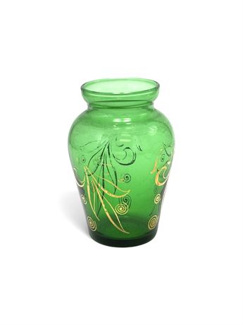 Vtg Anchor Hocking Emerald Green Glass w/Gold Gilding Bud Vase