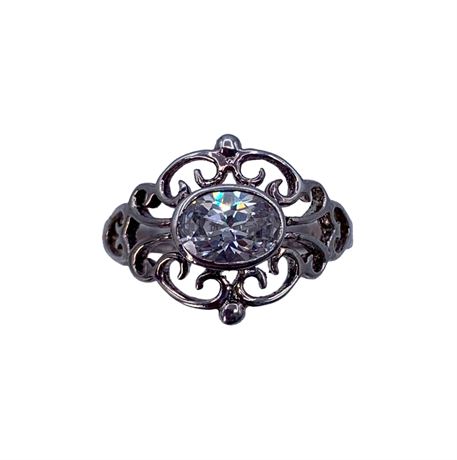 1 Carat Oval Solitaire & Sterling Silver Openwork Ring