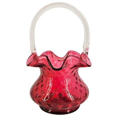 Vintage Fenton Cranberry Coin Dot Art Glass Basket