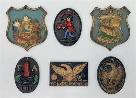 6 Petite Novelty Cast Iron Fireman Insurance State Seal Eagle Building Plaques