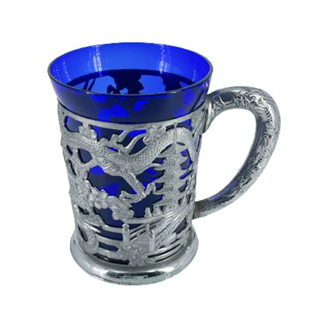 Japan Dragon Tankard Stein Cobolt Glass Metal Mug