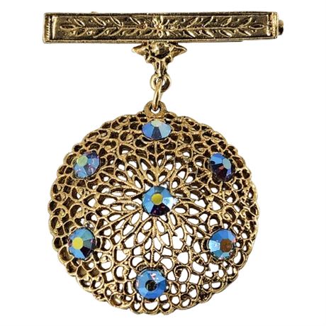 Vintage Filigree & Aurora Borealis Rhinestone Medal Style Brooch