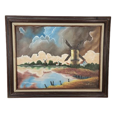 C Jowers Framed Windmill Landscape Oil Painting