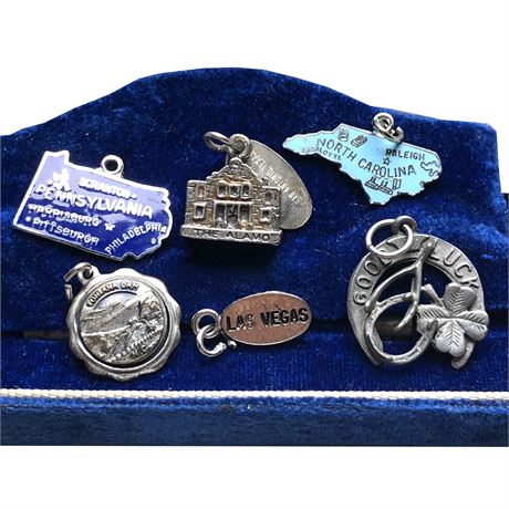 Vintage Sterling Silver Charm Lot - NC, PA, The Alamo, Good Luck