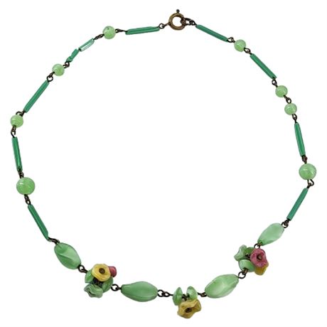 Vintage Child Size Art Deco Czech Glass Flowers Necklace