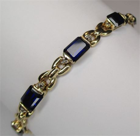 10K Yellow Gold Sapphire Link Bracelet Signed Exquisite