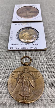 WWI French Verdun Battle Medallion, WWI Great War Victory Medal & Arion Music