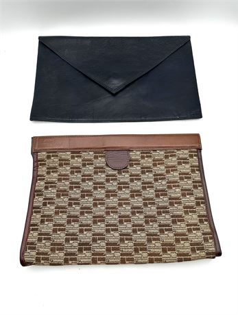 2 Clutch Bags, 1Blue Leather & 1 Brown Fabric