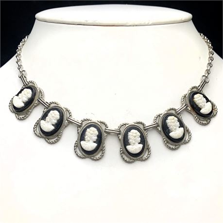 Vintage White on Black Fringe Cameo Panel Necklace