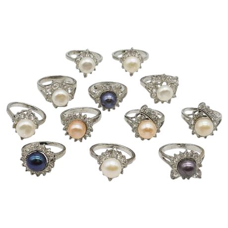 Twelve Silver Tone Genuine Freshwater Pearl Rhinestone Halo Rings
