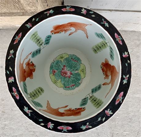 Large 15.5” Porcelain Koi Fish Garden Water Bowl with Wood Stand