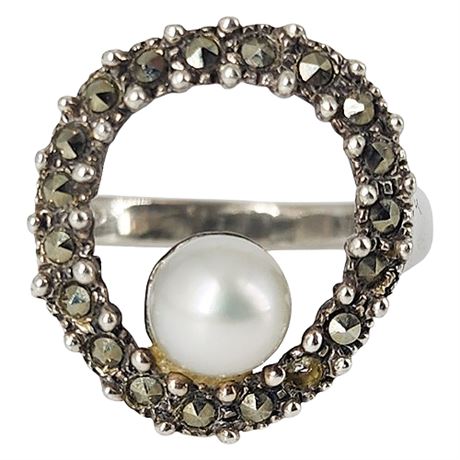 Sterling Silver Marcasite & Genuine Pearl Ring, Sz 5