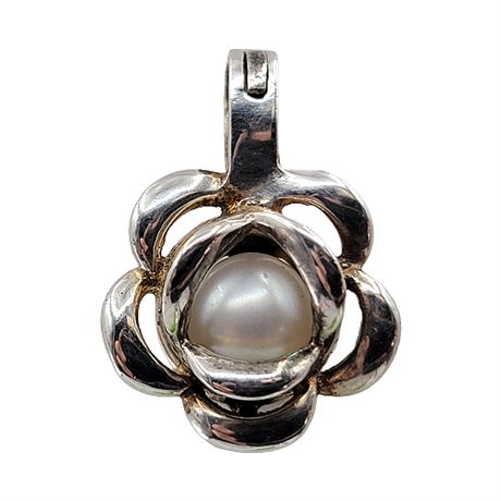 Signed Sterling Silver Flower Caged Cultured Pearl Pendant