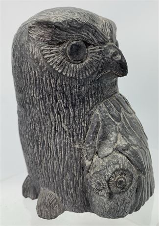 Fine Inuit Carved Stone Owl with Babies Canadian Wolf Sculptures Statue
