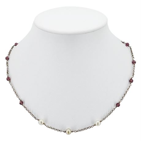 Vintage Sterling Silver Faux Pearl & Amethyst Glass Satellite Bead Necklace