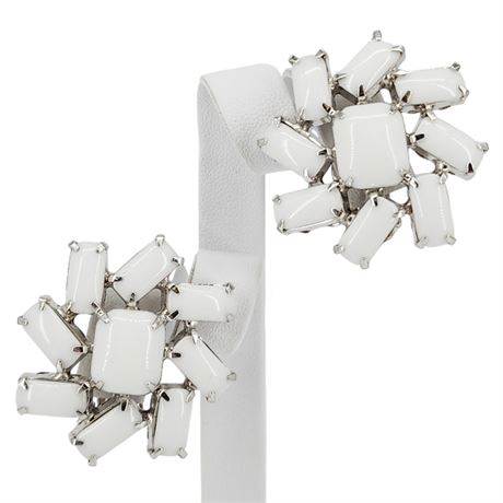 Vintage BY GALE Prong Set Milk Glass Sunburst Clip Earrings