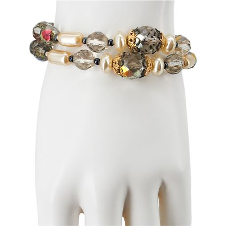 Vintage 2-Strand Faceted Aurora Borealis Crystal & Faux Pearl Beaded Bracelet