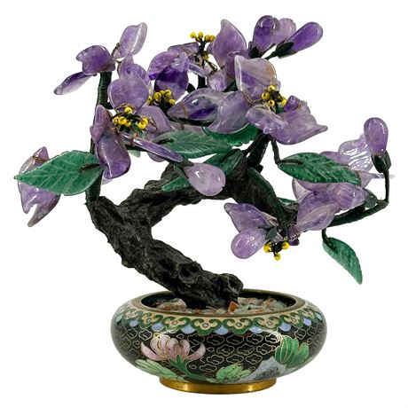 Amethyst and Jadeite Decorative Jade Plant in a Cloisonné Bowl