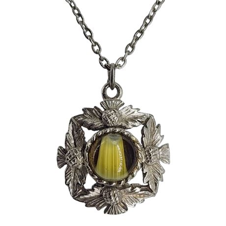 Vintage Silver Tone Thistles & Porphyry Glass Pendant Necklace