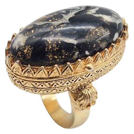 Huge Vintage Gold Tone Mottled Faux Stone Hinged Adjustable Perfume Ring