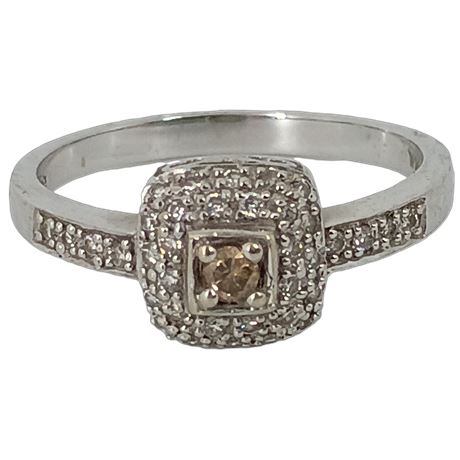 14K White Gold JDN Halo Ring with Square Champagne Diamond Center Stone & Pavé