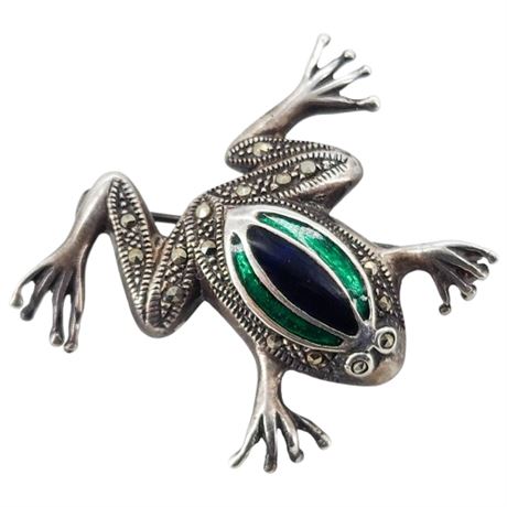 Vtg Sterling Silver, Marcasite, & Enamel Frog Brooch