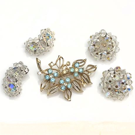 Vintage Gold Tone Blue Rhinestone Brooch & Aurora Borealis Earrings Lot