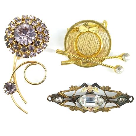Golden Garden Party Brooch Trio– Amethyst Rhinestone & Art Deco Inspired Mix