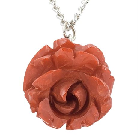 Vtg Carved Bakelite Rose Pendant Necklace
