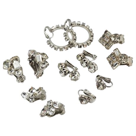 Six Pairs Vintage Silver Tone Clear Rhinestone Clip Earrings